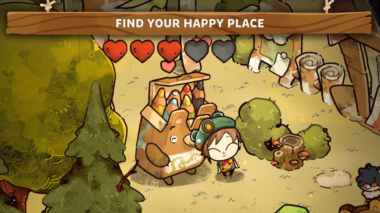 Cozy Grove: Camp Spirit screenshot — a hand-drawn forest camp with a ghostly bear and warm lanterns