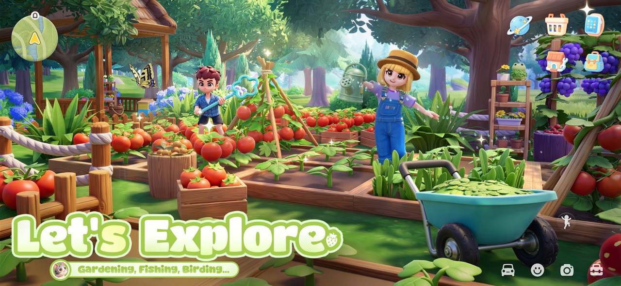 Heartopia screenshot — gardening and exploring a colorful cozy open world with friends