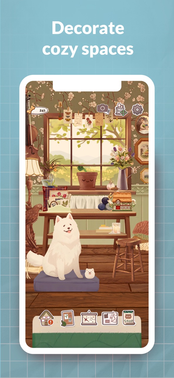 Kinder World gameplay screenshot — decorating a cozy room and caring for a houseplant, a calm Cats and Soup-style game