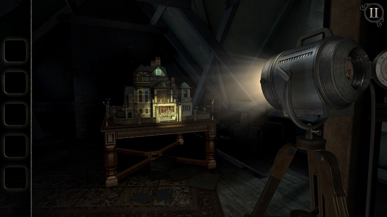 The Room: Old Sins screenshot — a dimly lit attic with an intricate model house to explore