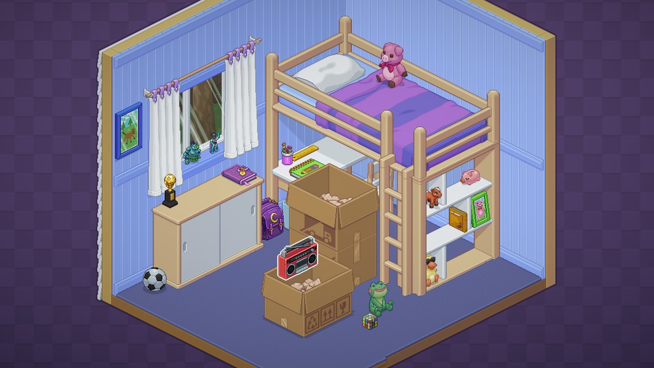 Unpacking screenshot — arranging belongings from boxes into a cozy bedroom
